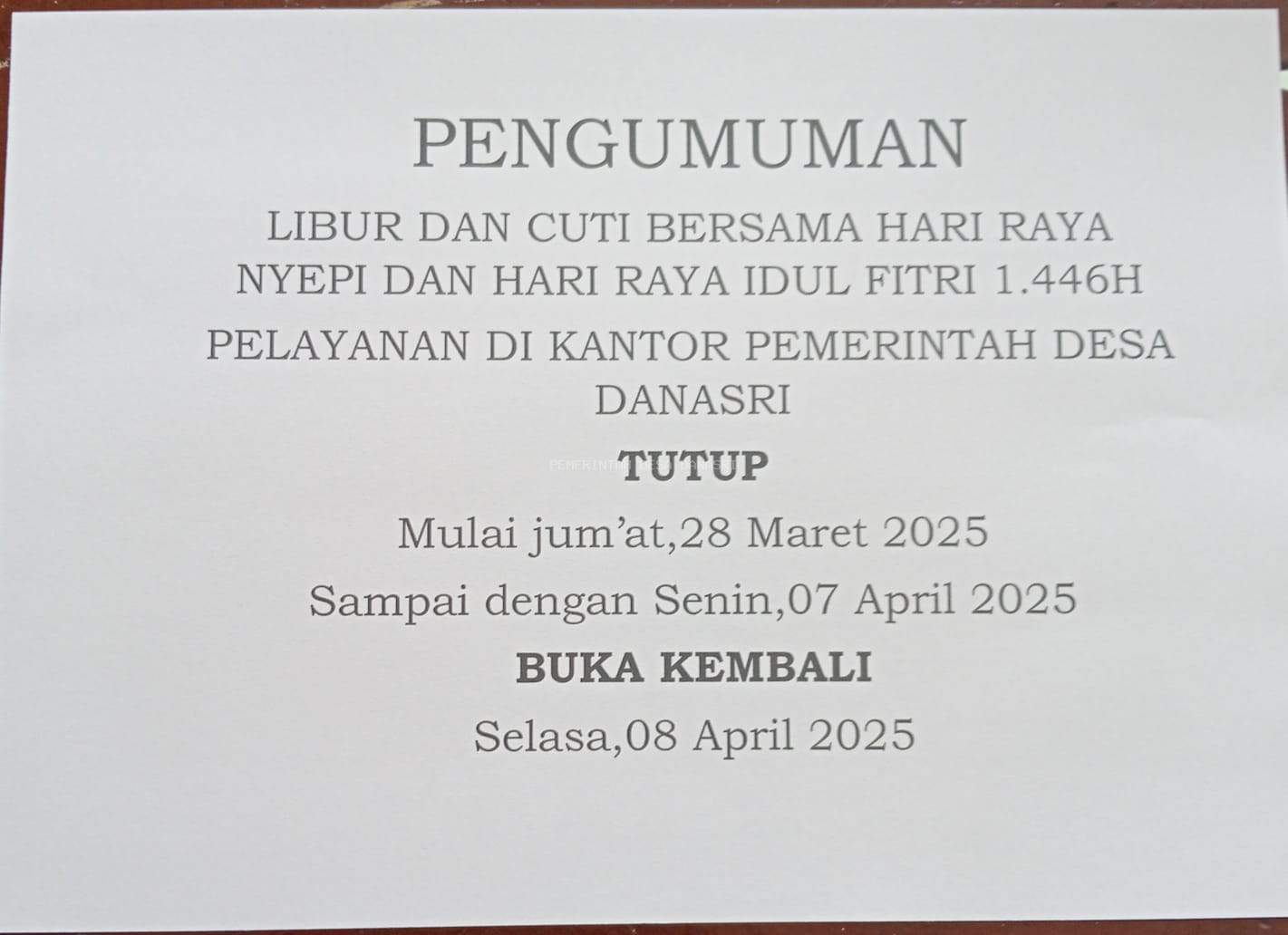 PENGUMUMAN LIBUR DAN CUTI BERSAMA HARI RAYA NYEPI,DAN HARI RAYA IDUL FITRI 2025